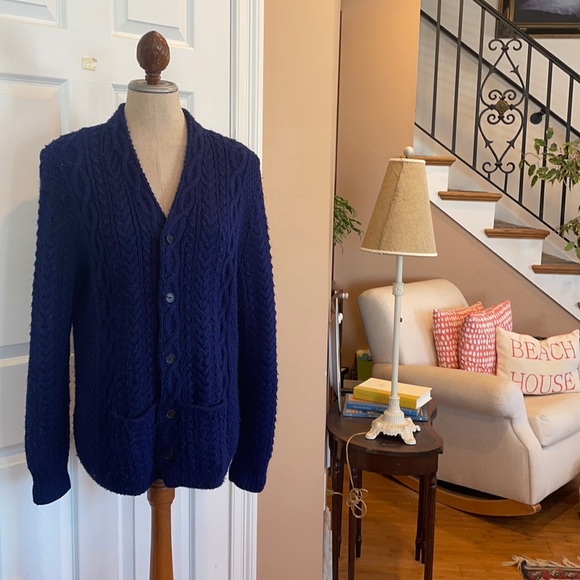 Vintage Handmade chunky Cable knit navy blue cardigan sweater - Picture 2 of 16